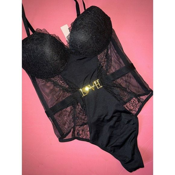 Victoria's Secret 32C/34B S TEDDY one-piece Bodysuit BLACK lace Gold LOVE SEXY